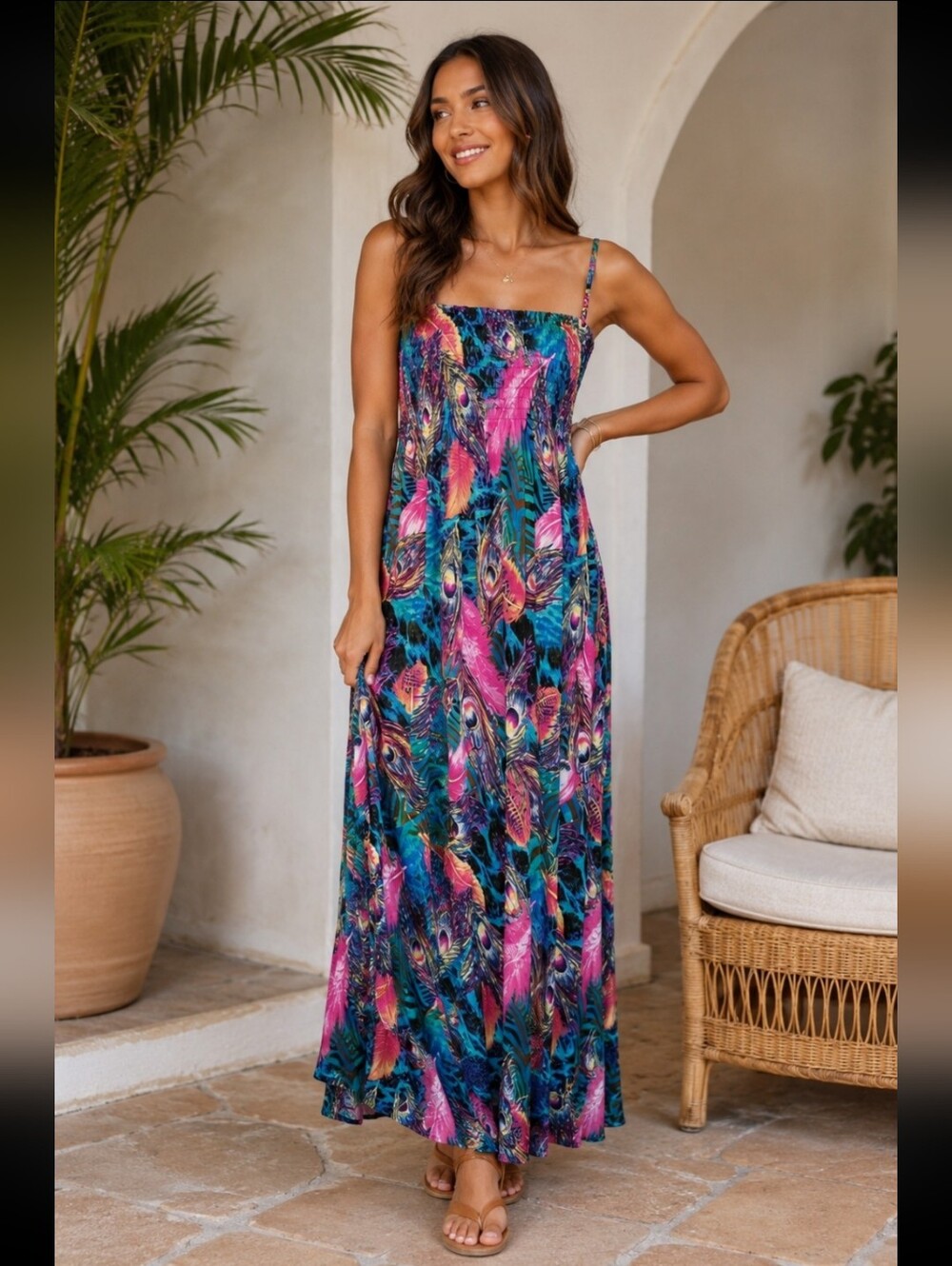 India Boutique Tube Top Spaghetti Strap Long Peacock Print One Size Dress NWOT